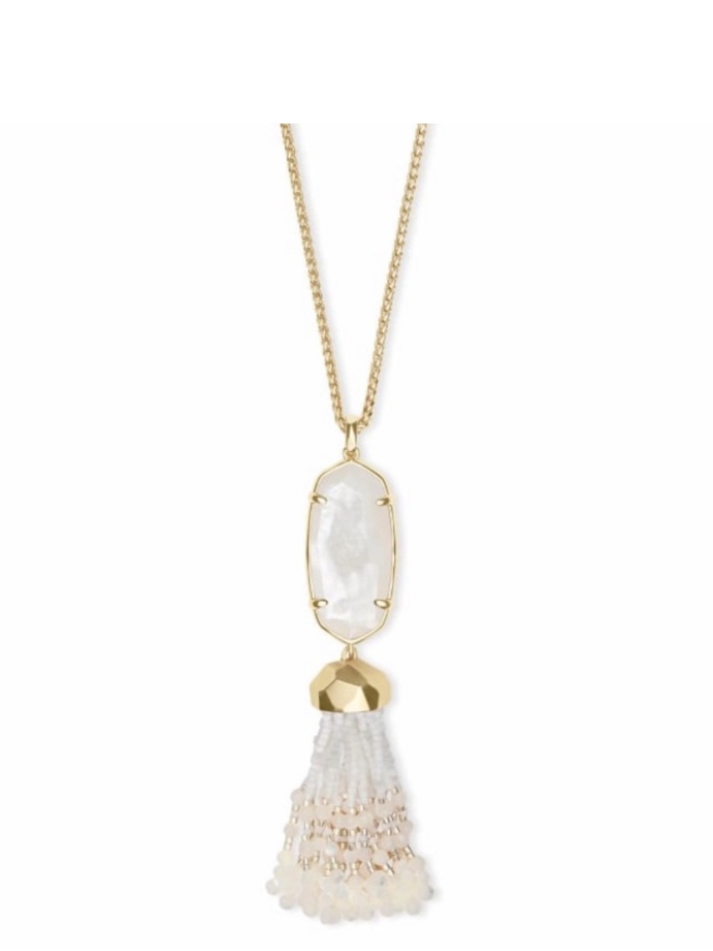 Kendra Scott Rayne Gold and White Beaded Tassel Necklace Iridescent Pearl Stone